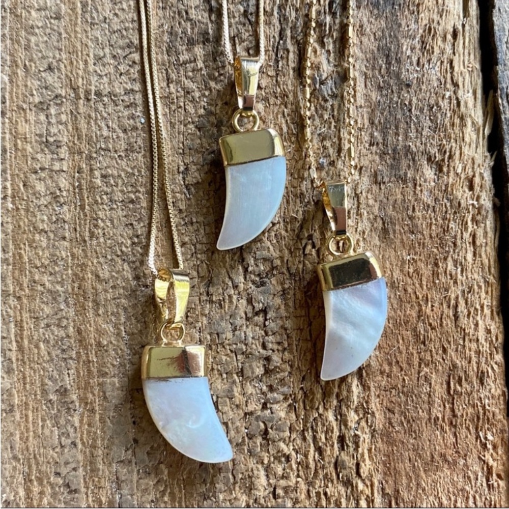 Mother of Pearl Necklace Horn Carved Shell BOHO Gold